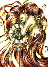 Meisje met lange haren hangt over een klok, tekening